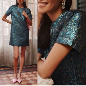 Pomander Place NWT Jacquard Mae Peacock Metallic Mini Dress Size Large